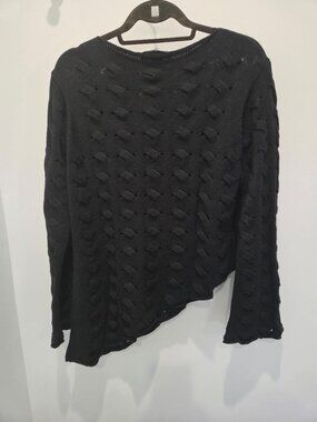 De Taille Black Women's Cotton Blend Asymmetrical Weaved Bell Sleeve Sweater  L